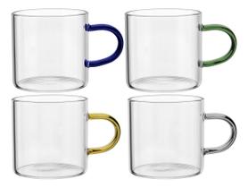 JOGO 4 XÍCARA CANECA ALÇA MULTICOLOR BOROSSILICATO 100ml 5x5x5cm TRANSPARENTE