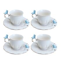 Jogo 4 Xícara de Café Porcelana Birds Azul e Branca Fio Dourado Pássaro com Pires 100ml Wolff Jogo 4 Xícara de Café Porcelana Birds Azul e Branca Fio Dourado Pássaro com Pires 100ml Wolff