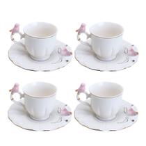 Jogo 4 Xícara de Café Porcelana Rosa e Branca Birds Pássaro com Pires 100ml Wolff