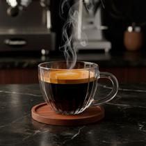 Jogo 4 Xícara de Café Vidro Cristal com Pires de Madeira Acácia Montecarlo 80ml Haüskraft Premium