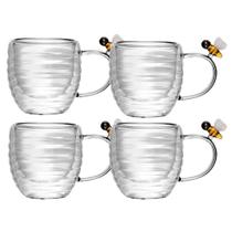 Jogo 4 Xícara de Café Vidro Parede Dupla Abelha Lovely Bee 80ml Lyor