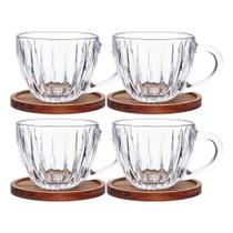 Jogo 4 Xícara de Chá Café Vidro Cristal com Pires de Madeira Acácia Montecarlo 180ml Haüskraft Premium Jogo 4 Xícara de Chá Café Vidro Cristal com Pires de Madeira Acácia Montecarlo 180ml Haüskraft Premium
