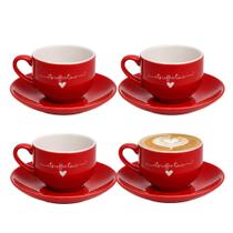 Jogo 4 Xícara de Chá Cappuccino de Porcelana 160ml Vermelha Coração Lamour Haüskraft