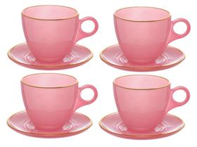 Jogo 4 Xícara Matte Café Chá 170ml Com Pires Porcelana Rosa
