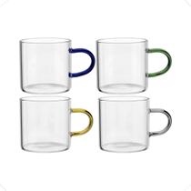 Jogo 4 Xícara Transparente Borossilicato Alça Colorida 100ml.