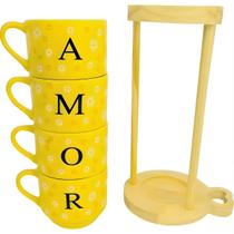 Jogo 4 Xícaras Amarelo Hotel 200ml C/ Suporte Pinus - Amor Jogo 4 Xícaras Amarelo Hotel 200ml C/ Suporte Pinus - Amor
