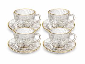 Jogo 4 Xícaras Café 90ml Com Pires Com Borda Dourada Vidro Martiri