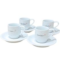 Jogo 4 xícaras Café c/ pires Frases Motivacionais - 80 ml Empilháveis - Poá Preto Jogo 4 xícaras Café c/ pires Frases Motivacionais - 80 ml Empilháveis - Poá Preto