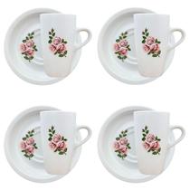 Jogo 4 xícaras Café/Chá 150ml Cônica Alta c/ pires Flor Rosa