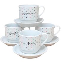 Jogo 4 xícaras Café Chá c/ pires Frases Motivacionais - 200 ml Empilháveis - Poá Coração Colorido Jogo 4 xícaras Café Chá c/ pires Frases Motivacionais - 200 ml Empilháveis - Poá Coração Colorido