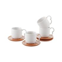 Jogo 4 Xícaras Café Chá Cerâmica Branca C/ Pires Bambu 90ml