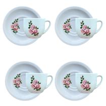 Jogo 4 Xicaras Café/Chá Cônica c/ pires 170ml Flor Rosa