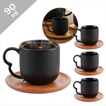 Jogo 4 Xícaras Café Expresso 90ml Cerâmica Preta Pires De Bambu Oásis Para Servir Mesa Posta Cantinho Do Café Cafezinho Luxo