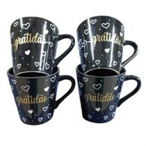 Jogo 4 Xicaras Caneca Esmaltadas Personalizada Palavra Gratidao Dourada Cozinha Servir Cafe