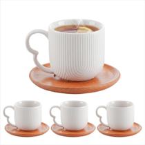 Jogo 4 Xícaras Chá Café 190ml Cerâmica Branca Pires De Bambu Oásis Para Servir Mesa Posta Luxo Jogo 4 Xícaras Chá Café 190ml Cerâmica Branca Pires De Bambu Oásis Para Servir Mesa Posta Luxo