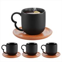 Jogo 4 Xícaras Chá Café 190ml Cerâmica Preta Pires De Bambu HAÜSKRAFT