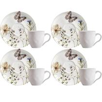 Jogo 4 Xícaras com Píres Cerâmica Porto Brasil 170ml Bio Encanto Chá Borboleta