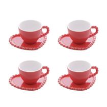 Jogo 4 Xícaras De Café 95ml Com Pires Coração Beads Wolff Vermelho