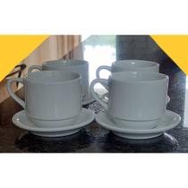 Jogo 4 xícaras de Café e Chá com pires - 200 ml Empilháveis - Porcelana branca - Antilope Decor Porcelanas
