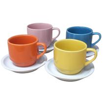 Jogo 4 xícaras de Café e Chá com pires - 200 ml Empilháveis - Porcelana Colorida Jogo 4 xícaras de Café e Chá com pires - 200 ml Empilháveis - Porcelana Colorida