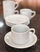 Jogo 4 xícaras de Café e Chá com pires - 200 ml Semi-Empilháveis - Porcelana branca