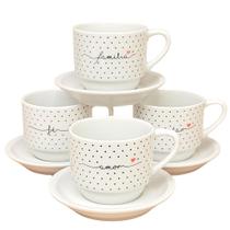 Jogo 4 Xícaras de Café e Chá com Pires - Frases Motivacionais - 200 ml - Empilháveis - Poá Preto