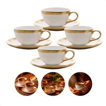 Jogo 4 Xícaras De Café E Pires Porcelana Branca Dourada 90ml Branco Acabamento Dourado