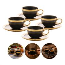 Jogo 4 Xícaras De Café E Pires Porcelana Preta Dourada 90ml Preto Acabamento Dourado