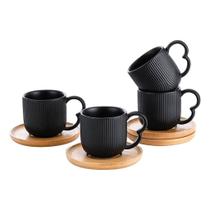 Jogo 4 Xícaras de Café em Cerâmica Oásis Preto 90ml com Pires para Mesa Posta