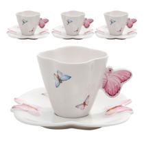 Jogo 4 Xícaras de Café em Porcelana com Pires Borboletas 100ml Wolff