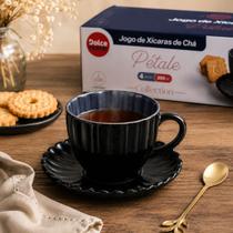 Jogo 4 Xícaras de Café ou Chá com Pires Vidro Pretas 200ml Jogo 4 Xícaras de Café ou Chá com Pires Vidro Pretas 200ml