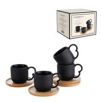 Jogo 4 xicaras de porcelana cafe pires em bambu preto oasis 90ml hauskraft Jogo 4 xicaras de porcelana cafe pires em bambu preto oasis 90ml hauskraft