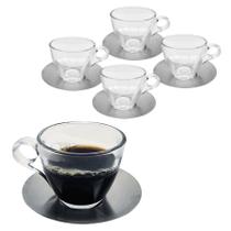 Jogo 4 Xícaras Lisa De Café Chá Vidro Com Pires Inox Tiffany 85ml Expresso Transparente Jogo 4 Xícaras Lisa De Café Chá Vidro Com Pires Inox Tiffany 85ml Expresso Transparente