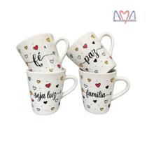 Jogo 4 Xícaras Porcelana Palavrinha Sortidas Coração 120ml