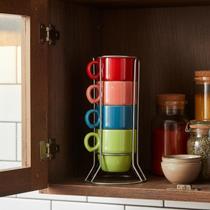 Jogo 4 Xícaras Stacky Cerâmica Coloridas 90ml Com Suporte