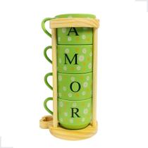Jogo 4 Xícaras Verde Hotel 200ml C/ Suporte Pinus - Amor