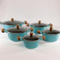 Jogo 5 Caçarolas 16a24cm Cerâmico Alças Madeira com Tampas de Vidro - Cor: Azul Turquesa