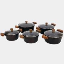 Jogo 5 Caçarolas 16a24cm Cerâmico Alças Madeira com Tampas de Vidro - Cor: Cereja Craqueado Jogo 5 Caçarolas 16a24cm Cerâmico Alças Madeira com Tampas de Vidro - Cor: Cereja Craqueado