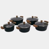 Jogo 5 Caçarolas 16a24cm Cerâmico Alças Madeira com Tampas de Vidro - Cor: Preto Liso