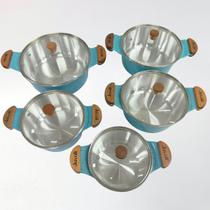 Jogo 5 Caçarolas 16a24cm Diamantada Alças Madeira com Tampas de Vidro - Cor: Azul Turquesa
