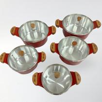 Jogo 5 Caçarolas 16a24cm Diamantada Alças Madeira com Tampas de Vidro - Cor: Vermelho Liso