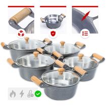 Jogo 5 Caçarolas Altas 16a24cm Alumínio Fundido Preto Craqueado Tampa de Vidro Jogo 5 Caçarolas Altas 16a24cm Alumínio Fundido Preto Craqueado Tampa de Vidro