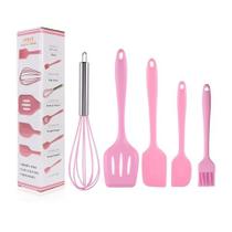 Jogo 5 Colheres De Silicone Cabo Inox Utensílios Cozinha - ROSA