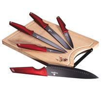 Jogo 5 facas e tábua de bambu 6pçs Burgundy Berlinger Haus Faqueiro Gourmet Churrasco Corte Afiado