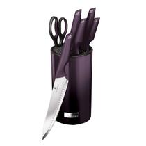 Jogo 5 facas + tesoura suporte 7pçs Purple Berlinger Haus Faqueiro Cozinha Faca de Pão Legumes Carnes Vegetais Lamina Afiada