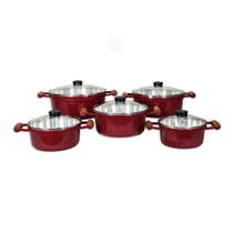 Jogo 5 Panelas Cava Alumínio Fundido Alça Madeira TVT Bordô