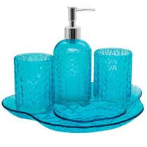 Jogo 5 peças banheiro de vidro Leaf azul lavabo porta sabonete liquido sabão sabonete escova de dente bandeja