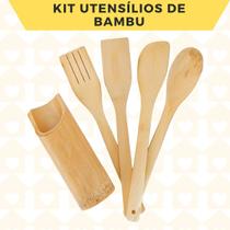 Jogo 5 Peças Colheres Grande Bambu Pau Utensílios Ecologica