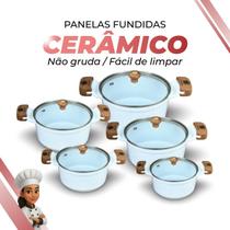Jogo 5 Peças De Panelas Cerâmica Branca Antiaderente Tampa De Vidro Branca