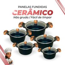 Jogo 5 Peças De Panelas Cerâmica Preta Antiaderente Tampa De Vidro Preto